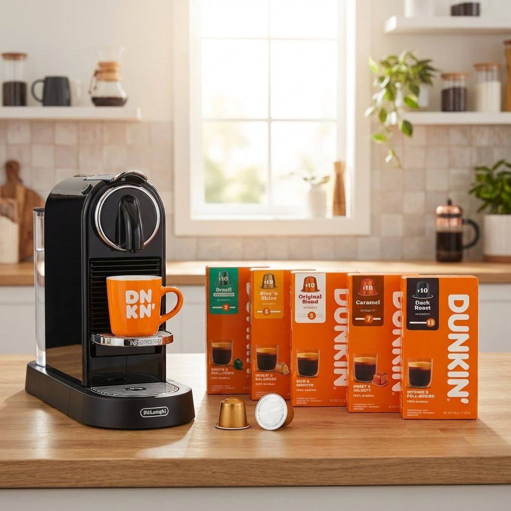 Dunkin' Kaffeekapseln für Nespresso Maschinen stehen in einer Küche